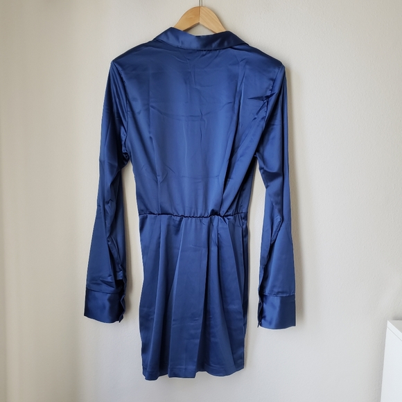 Sapphire Blue Long Sleeve Button Down Satin Effect Mini Dress - Picture 11 of 16